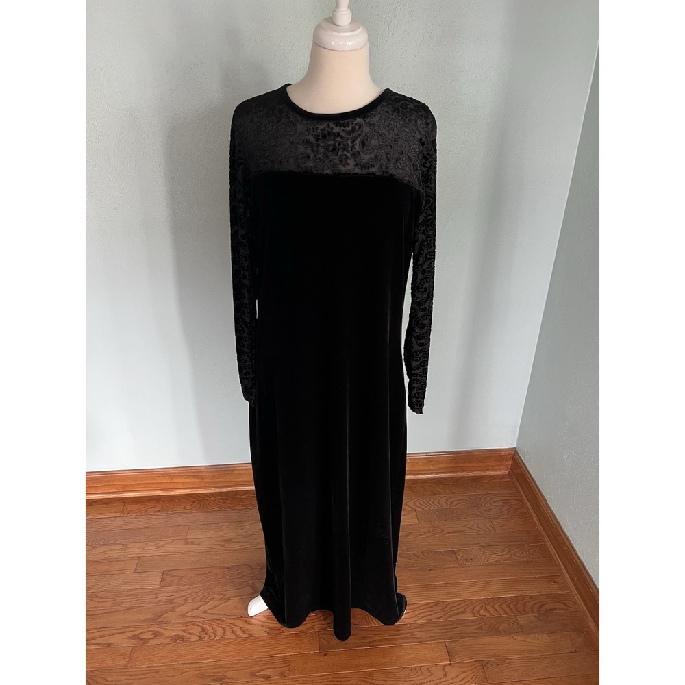 Jacqueline Ferrar Vintage Y2K black velvet midi dress with‎ long sleeves Sz 14